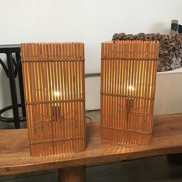 Pair Vintage Japanese Bamboo Slat Table Lamps