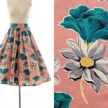 Vintage 1940s Skirt | 40s Floral Printed Cotton Pink Teal Full Swing Skirt (x-small) 
