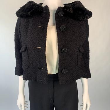 Mid-Century Black Fur-Trimmed Cropped Jacket