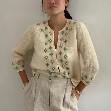 60s hand knit embroidered cardigan sweater / vintage creamy white mohair hand embroidered knit floral rose buds cardigan sweater | M 
