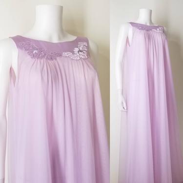 Vintage 70s Lavender Purple Chiffon Nightgown Lingerie ~ Small/ Medium ~ Free Bust Embroidered Satin Trim ~ Two Layer Long Pastel Nightgown 