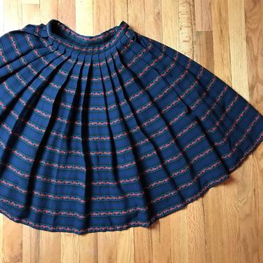 Vintage 50’s short Fit &amp; flare skirt~ circle skirt~ navy blue green plaid with red floral stripes~ 1950’s short Petite XXSM 22” waist 