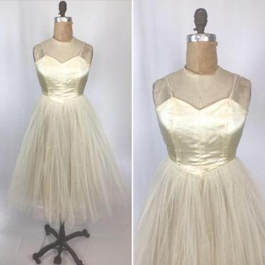 Vintage 50s dress | Vintage cream satin tulle cocktail dress | 1950s fairy ballerina slip dress 