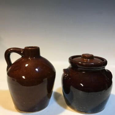2 ROYCROFT SHOPS Pottery Little Brown Jug And A Small Lidded Crockpot, brown glaze pottery, 