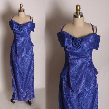 1980s Blue and Purple Lace Off the Shoulder Spaghetti Strap Full Length Formal Dress -M 