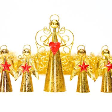 VINTAGE: 5 Gold Metal Angel Bell Ornaments - Holiday Bells - Gold Bells - Stars, Hearts - SKU 25-C1-00013600 