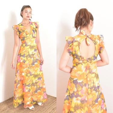 Vintage 1970s Dress / 70s Vibrant Floral Open Back Maxi Dress / Orange ( S M ) 