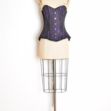 vintage 90s corset black purple satin brocade goth steampunk top bustier XS clothing 