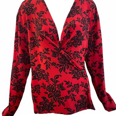 Christian Dior 80s Red and Black Silk Floral Wrap Blouse