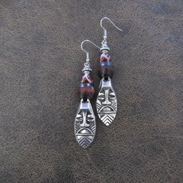 African mask earrings, tribal dangle earrings, red agate earrings, Afrocentric earrings, ethnic earrings, unique primitive earring, tiki 