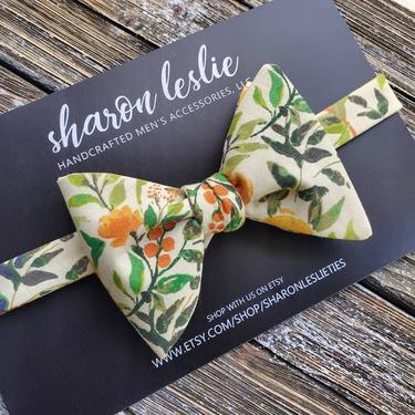 Floral Self-Tie Bow tie || Bow tie || Cotton Bow tie || Self-tie Bow tie || Beige Bow tie || Sharon Leslie 