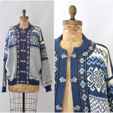 NORDSTRIKKE Vintage 80s Norwegian Fair Isle Wool Knit Cardigan Sweater | 1980s Nordic Blue & White Snowflake Chunky Knit |  Size XX Large 
