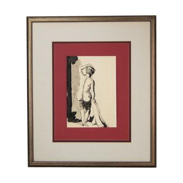 Vintage India Ink Watercolor Painting Backside of Nude Woman Holding Towel 