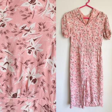 Vintage 1930s Pink Floral Rayon Dress / Jr. / Teen Size or XXS 