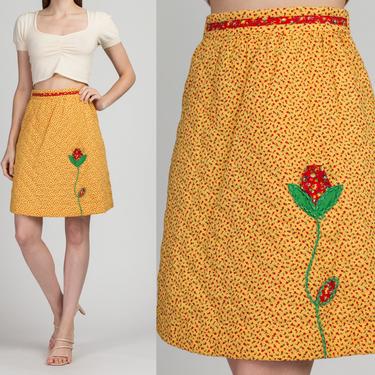 70s Quilted Floral Skirt - Extra Small | Vintage A Line Boho Yellow Flower Applique Mini Skirt 