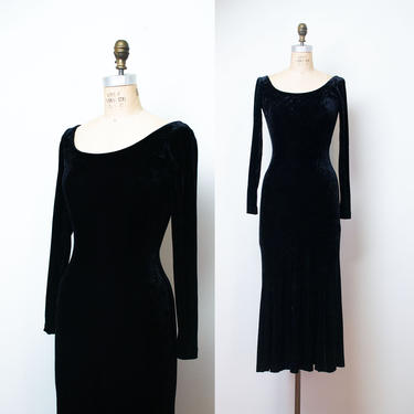 1990s Betsey Johnson Dress / 90s Crushed Velvet Long Sleeve Body Con Dress 