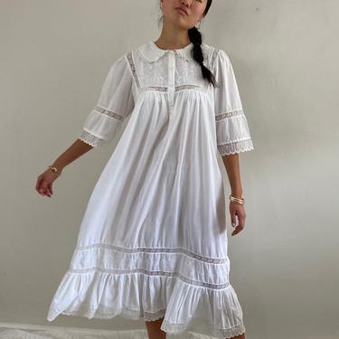 70s cotton puff sleeve Victorian dress / vintage white embroidered cotton batiste pan collar prairie lace maxi sun dress | M L 