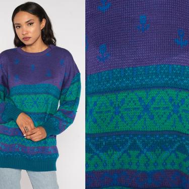 Fair Isle Sweater 80s Floral Purple Sweater Green Blue Boho Sweater Ski Sweater Bohemian Sweater Norwegian 1980s Knit Extra Large xl 