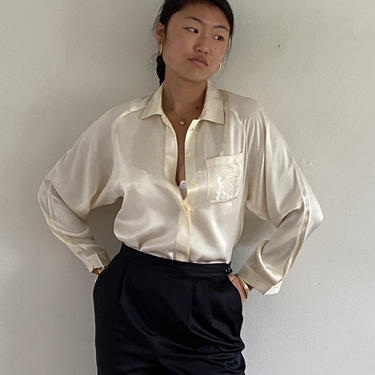 80s Oscar de la Renta monogram silk charmeuse blouse / vintage ivory liquid silk charmeuse batwing raglan sleeve pocket blouse | S M 