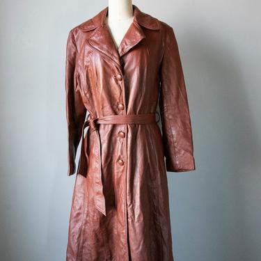 1970s Leather Jacket Long Trench Coat M 