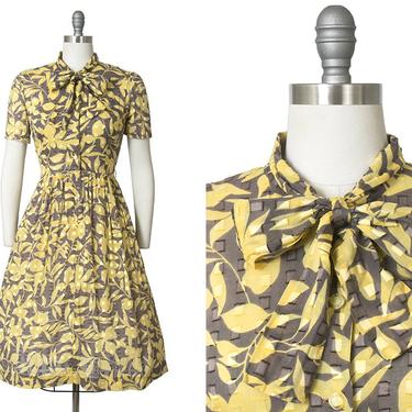 Vintage 1960s Dress | 60s Floral Cotton Secretary Shirt Dress Chartreuse Pussy Bow Shirtwaist Day Dress (medium) 