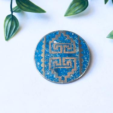 Large Vintage Silver Brooch, Silver and Blue Pin, Round Vintage Brooch, Blue Inlay Pin, Geometric Design Pin, Blue Gemstone Jewelry 