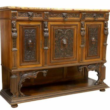 Antique Sideboard, French Renaissance Revival Marble-Top, Shelves, Drawers, 1900