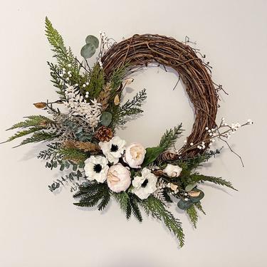 Neutral Greenery Winter Wreath with Anemone and Peonies, Boho Christmas Wreath, Holiday Wreath 