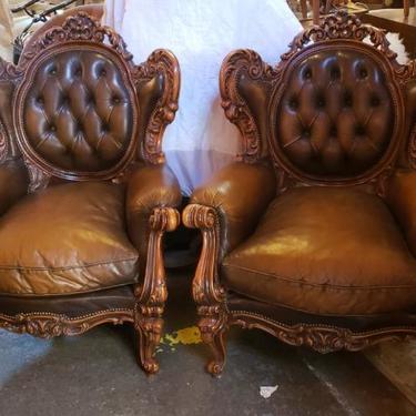 Antique Victorian Hand Carved Ornate Tufted Distressed Brown Leather Wingback Lounge Chairs