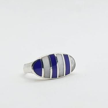 Danish Style Sterling Silver Inlay Striped Lapis and Mother Pearl Oval Statement Ring. Signed R.F. Size 8. 