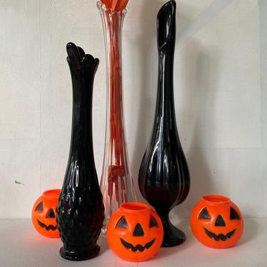 Mid Century Modern Black And Clear Swung Vases, Instant Collection Of 3, Halloween Center Piece, Pumpkins Not Included 