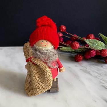 Vintage Swedish Tomte, Christmas Santa Figurine Ornament w Burlap Sack - Wood, Knit, Fur, Handmade, Hand Painted, Scandinavian Folk Art 