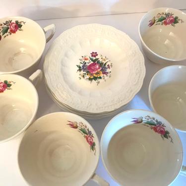 Vintage Set of (6) Tea Cups and Saucers -Cabbage Rose-Edwin Knowles Embossed Fine China 607-0 fashion shape -Ivory with floral Center 