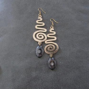 Extra long earrings, huge statement bohemian earrings, bold spiral earrings, bone earrings, boho brass geometric earrings, contemporary 2 