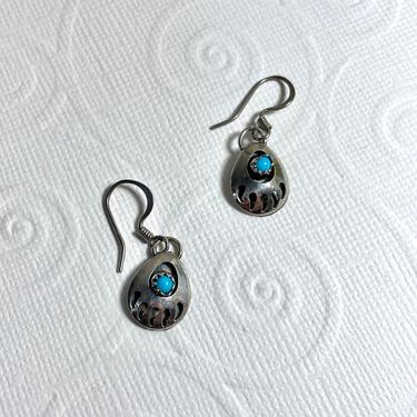 Small Vintage Turquoise and Silver Bear Paw Dangle Earrings - Native American, Sterling, Handmade, Pierced Ears 