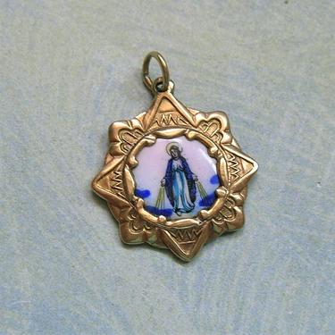 Vintage 10K Gold Religious Medal Pendant, Religious Medal With Mary, Porcelain Religious Medal (#3878) 