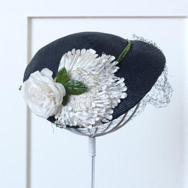 vintage 1950s floral hat • dressy navy blue straw cap with white rose & netting 