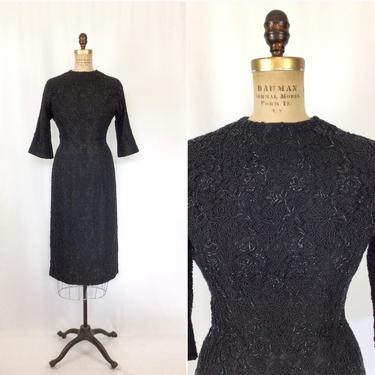 Vintage 60s dress | Vintage black beaded eyelet dress | 1960s beaded anglaise broderie wiggle dress 