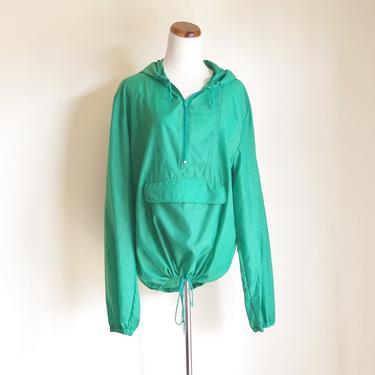 Vintage Green Jacket, Mens Jacket, Kelly Green Pullover Jacket, Nylon Jacket, 80s Jacket, Hooded Jacket, Jacket with Hood, Windbreaker 
