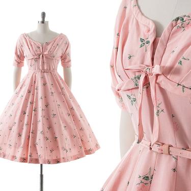 Vintage 1950s Dress | 50s Pink Rose Floral Printed Rayon Faille Fit and Flare Midi Dress with Pockets (medium) 