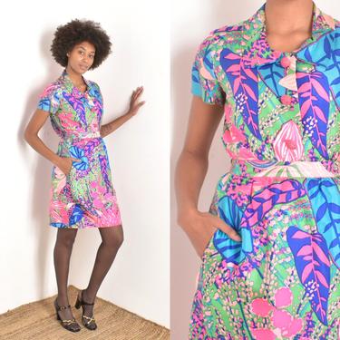 Vintage 1960s Suit / 60s Psychedelic Print Silk Skirt Suit / Pink Blue ( XS S ) 