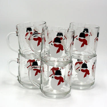 vintage luminarc snowman mugs/with broom/set of six/made in france 
