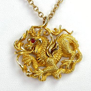 Vintage CCS 1980 Gold Vermeil Dragon Pendant Necklace Chain Signed 