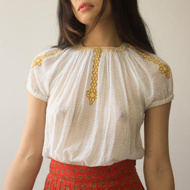 1930s Swiss Dot Hungarian Embroidered Peasant Top 