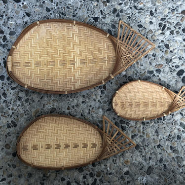 Vintage Bamboo Fish Tray Sculpture Wall Art, Set Of 3 