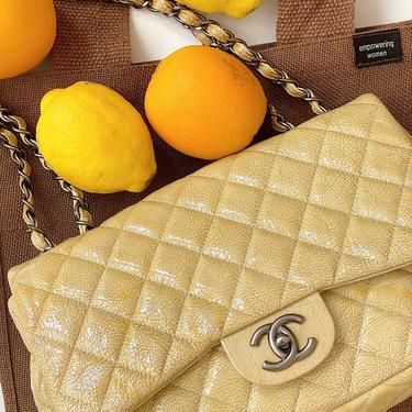 Vintage 90's CHANEL MAXI Jumbo CC Logo Yellow Crinkle Quilted Patent Leather Double Chain Shoulder Hand Bag Purse 