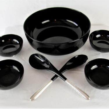 Vintage Mid Century Modern Chippendale By Towle Sterling Black Melamine and Sterling Silver Salad Bowl Set 