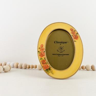 Vintage 3-1/2 x 5 Photo Frame, Yellow Enameled and Gold Metal Picture Frame with Pink Rose Flowers, Small Tabletop Oval Frame 