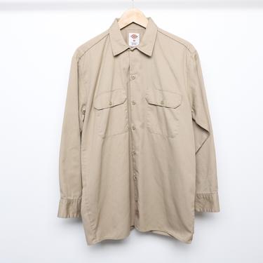 vintage 90s y2k DICKIES brand tan khaki beige SHIRT men's utility work wear button down shirt -- size medium 