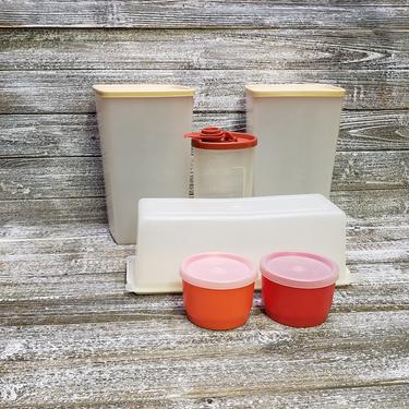 Vintage Tupperware 12 Piece Lot, Snack Cups, Sugar Pourer, Frost White Cheese Cracker Sleeve, Containers Beige Lid, 70s Vintage Kitchen 